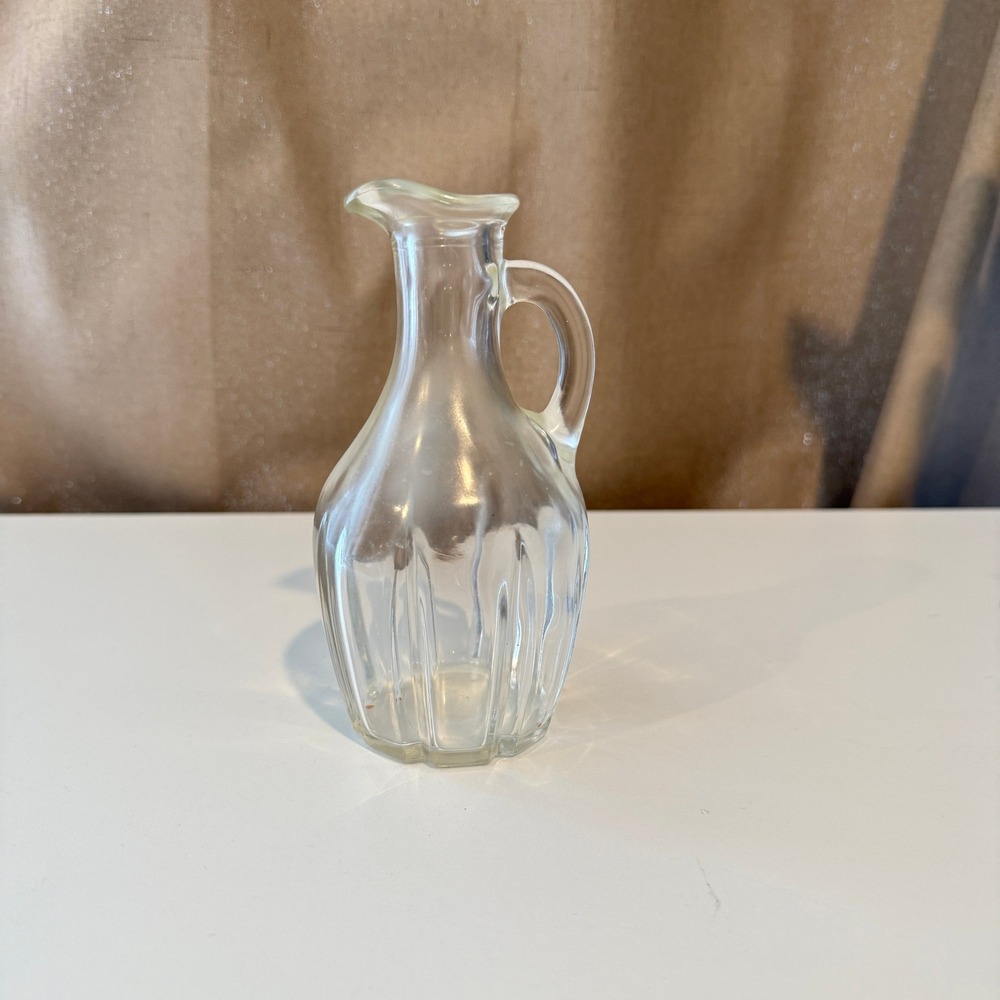 Vintage Clear Glass Paneled Cruet Pitcher with Handle Small Oil Vinegar Decanter
